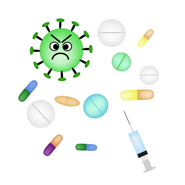 Bacteria and viruses are treated with pills and injections. Infographics. Vector illustration on isolated background — Stock Vector