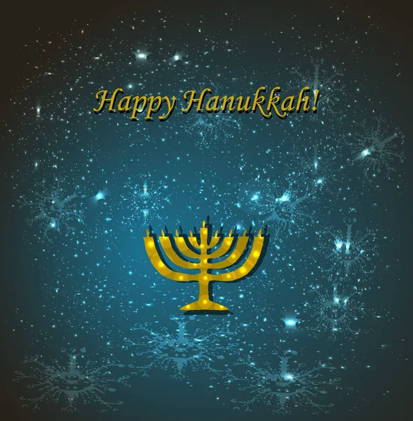 Blå bakgrund med snöflingor. Grattis till den judiska religiösa högtiden Hanukkah. Bildtexten guld Happy Hanukkah. Chanukia gyllene. Chanukah stearinljus. Vektorillustration — Stock vektor