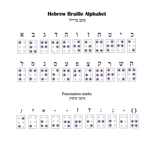 Hebreiska alfabetet punktskrift. Teckensnitt för blinda. Vektor illustration — Stock vektor