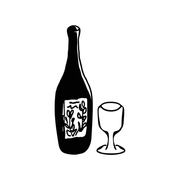 Bottle of wine, glass. Doodle, sketch, hand drawing. Vector illustration — Stock Vector