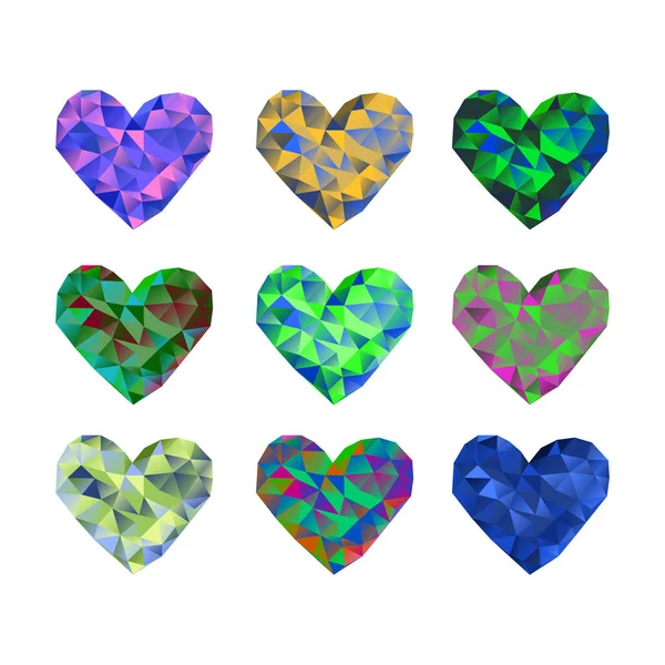 A set of 9 multi-colored polygonal hearts. Vector illustration on isolated background — Stock Vector