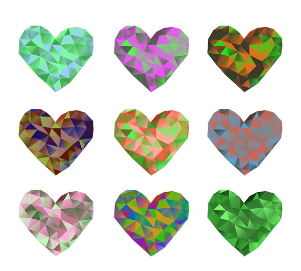 A set of 9 multi-colored polygonal hearts. Vector illustration on isolated background — Stock Vector