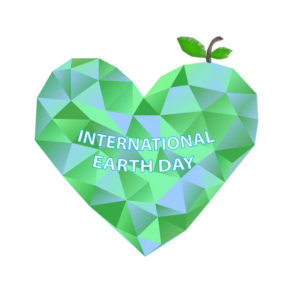 Internationella Earth Day. Inskriften. 22 April. Gröna polygonal hjärta. Vektorillustration. — Stock vektor