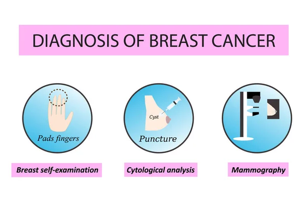 乳癌の診断ができます。乳がん反対世界デー。乳房自己検査。生検、細胞診嚢胞。マンモグラフィ。インフォ グラフィック。孤立した背景のベクトル図. — ストックベクタ