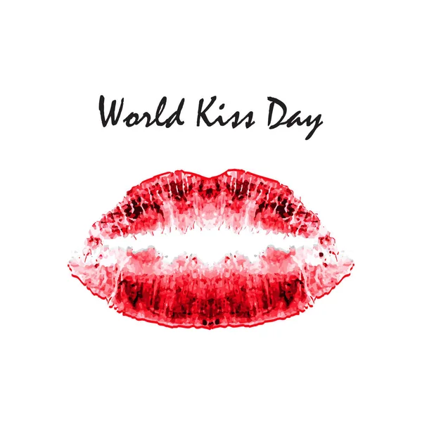 Día Mundial del Beso. 6 de julio. Acuarela labios rojos. Huella de labios y beso. Impresión. Ilustración vectorial sobre fondo aislado — Vector de stock