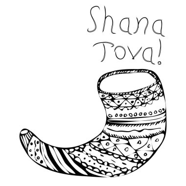 Siyah shofar Rosh Hashanah üzerinde. Yahudi yeni yılı. Shana Tova. İbranice. Doodle. El çizmek. Vektör illüstrasyon izole arka plan üzerinde