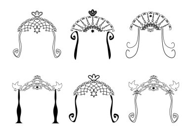 Vintage grafik Chuppah kümesi. Yahudi dini düğün gölgelik için. Vektör illüstrasyon izole arka plan üzerinde