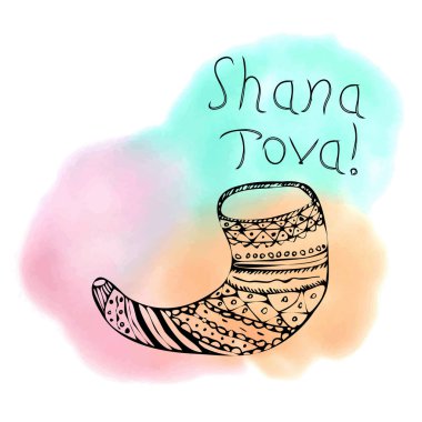 Yazıt Shana Tova Hebrew. Rosh bir Shana. Shofar doodle tarzında. Sulu Boya lekesi. El çizimi. Yazı. Vektör illüstrasyon izole arka plan üzerinde.