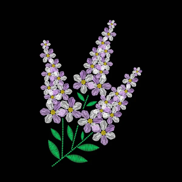 El bordado es suave. Bordado con flores lila. Ilustración vectorial sobre fondo negro — Foto de Stock