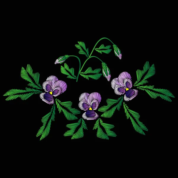 Broderie de jeans. Doucement. Fleurs de lilas Culottes aux bourgeons. Modèle de fleur. Ornement folklorique traditionnel. Illustration vectorielle sur fond noir — Image vectorielle