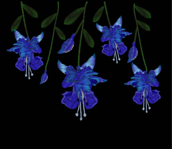 Vackra blå fuchsia blommor. Broderi av jeans. Broderi är slät. Vektorillustration på svart bakgrund. — Stock vektor