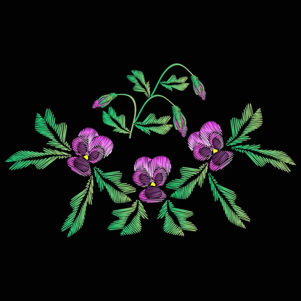 刺绣的牛仔裤。顺利。淡紫色的花紫罗兰带芽。花朵图案。传统的民间装饰。在黑色背景上的矢量图 — 图库矢量图片