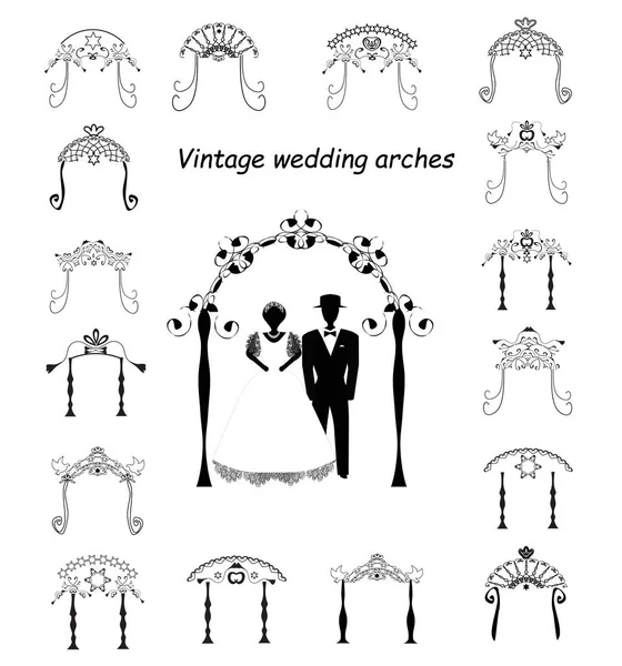 Vintage grafik Chuppah kümesi. Arch dini bir Yahudi Yahudi düğün için. Gelin ve damat bir gölgelik altında. Vektör illüstrasyon izole arka plan üzerinde