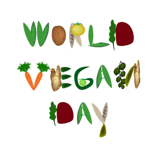 Journée mondiale végétalienne. Inscription des fruits et légumes. Illustration vectorielle sur fond isolé . — Image vectorielle