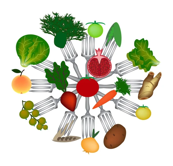 Día Mundial del Vegano. Frutas y verduras en tenedores. Col, patatas, zanahorias, brócoli, manzana, granada, grosella, lechuga, tomate, guisantes, frijoles. Ilustración vectorial sobre fondo aislado — Vector de stock