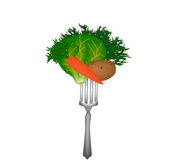 Día Mundial del Vegano. Verduras en un tenedor. Col, zanahorias, patatas. Ilustración vectorial sobre fondo aislado — Vector de stock