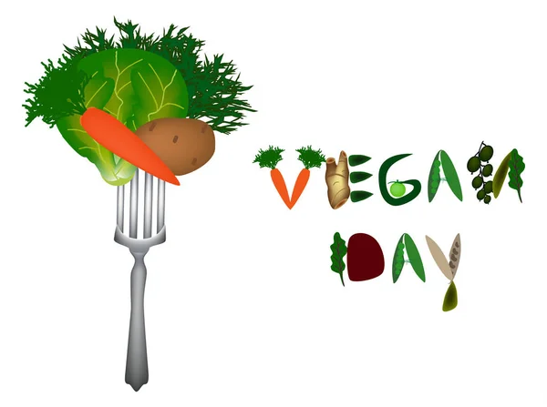 Día Mundial del Vegano. Inscripción de frutas y verduras. Verduras en un tenedor. Col, zanahorias, patatas. Ilustración vectorial sobre fondo aislado — Vector de stock