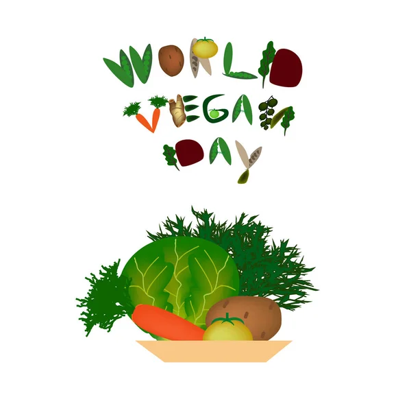 World Vegan Day. Inskrift från frukter och grönsaker. Grönsaker i en tallrik. Kål, morötter, potatis. Vektorillustration på isolerade bakgrund — Stock vektor
