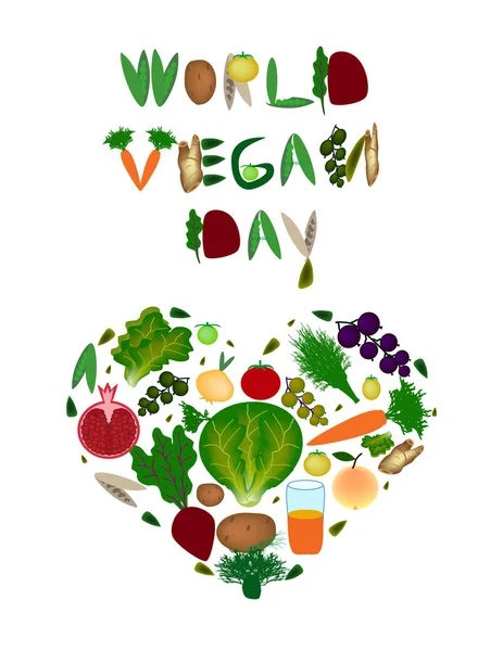 World Vegan Day. Hjärtat av grönsaker och frukter. Inskrift från frukter och grönsaker. Vektorillustration på isolerade bakgrund. — Stock vektor