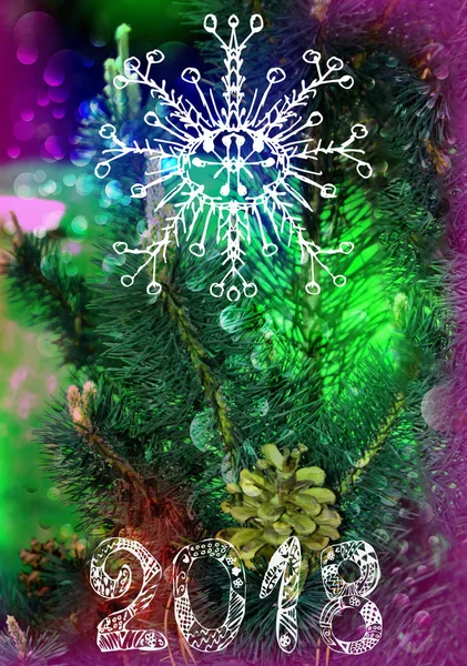 Cartão multicolorido brilhante para o Ano Novo. 2018. Árvore de Natal e abóbora, floco de neve — Fotografia de Stock