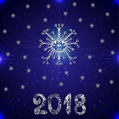 Mavi bir arka plan üzerinde kar tanesi. Yeni yıl 2018. Vektör çizim