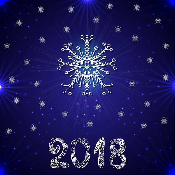Mavi bir arka plan üzerinde kar tanesi. Yeni yıl 2018. Vektör çizim