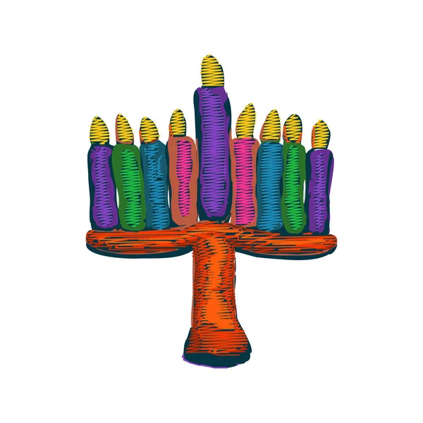 Chanukia multicolored embroidery satin stitch. Jewish holiday Hanukkah. Vector illustration on isolated background — Stock Vector