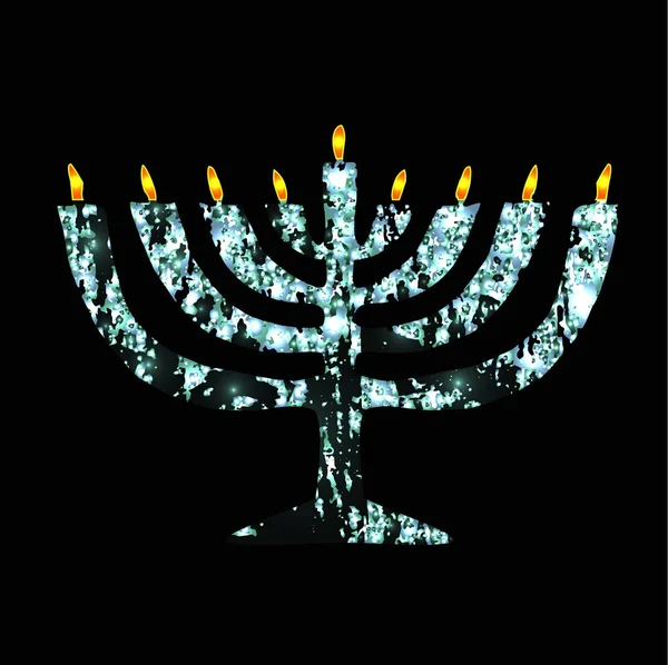 Zilveren Chanukaya. Joodse feestdagen Hanukkah. Vectorillustratie op zwarte achtergrond. — Stockvector