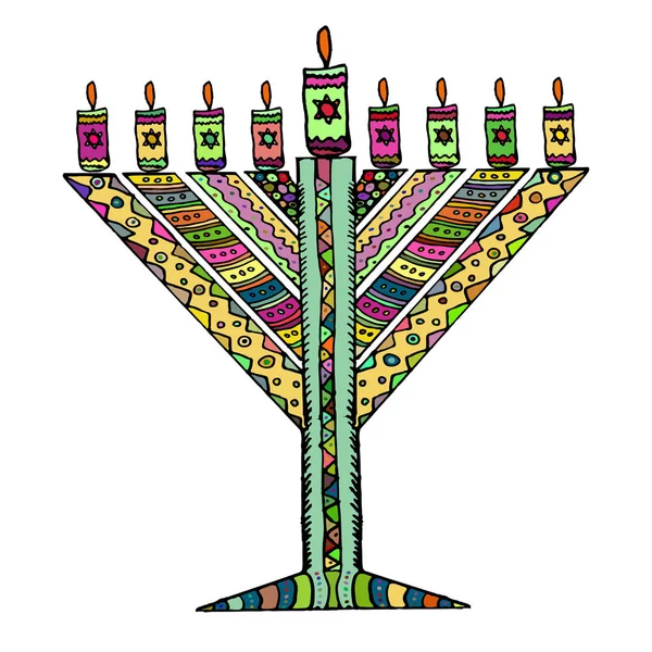 Färgglada Hanukkah i stil med doodle. Triangulära Chanukiah Chabad. Judiska högtiden Hanukkah. Hand rita. Skiss. Vektorillustration på isolerade bakgrund. — Stock vektor