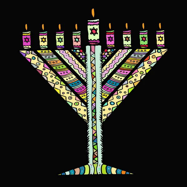 Färgglada Hanukkah i stil med doodle. Triangulära Chanukah Chabad. Judiska högtiden Hanukkah. Hand rita. Skiss. Vektorillustration på svart bakgrund. — Stock vektor