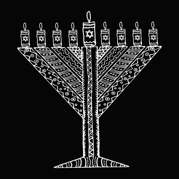 Hanukkah blanco en el estilo de garabato. Janucá triangular Chabad. Fiesta judía de Hanukkah. Dibuja. Boceto. Ilustración vectorial sobre fondo negro — Archivo Imágenes Vectoriales