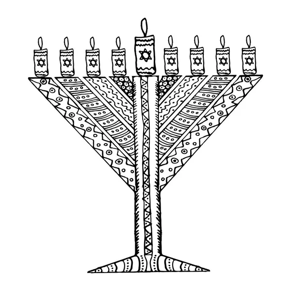Chanukia stylu doodle. Trojúhelníkový Chanukiah Chabad. Židovský svátek Chanuka. Ruční kreslení. Náčrt aktivní zóny. Vektorové ilustrace v izolovaných pozadí. — Stockový vektor