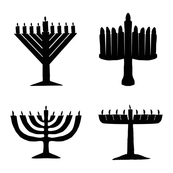 Black silhouette of Chanukiah set. Jewish holiday of Hanukkah. Vector illustration on isolated background. — Stock Vector