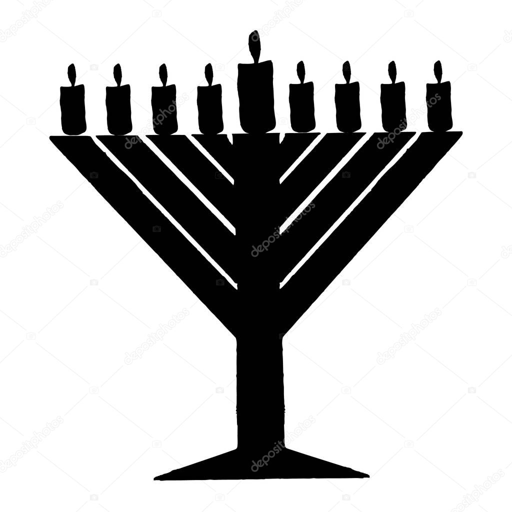 Black silhouette of Chanukiah. Triangular Chanukah Chabad. Jewish holiday of Hanukkah. Vector illustration on isolated background