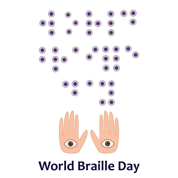 .Día Mundial del Braille. 4 de enero. Font Braille. Ojo y mano. Ilustración vectorial . — Vector de stock