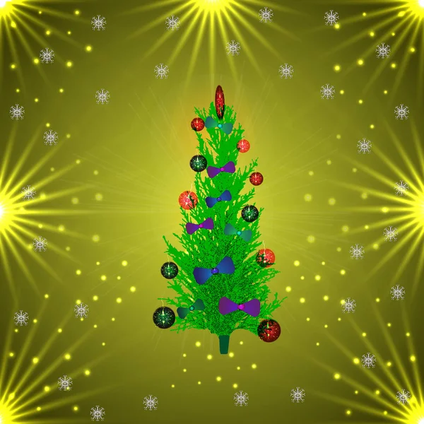 Árbol de Navidad verde en bolas y arcos. fondo dorado Vector Ilustración . — Vector de stock