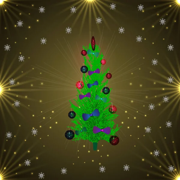 Yeşil Noel ağacı topları ve yay. altın arka plan vektör çizim. — Stok Vektör