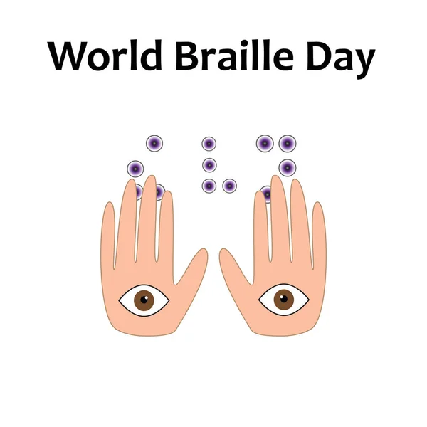 .Ziua Mondială Braille. 4 ianuarie. Font Braille. Ochi şi mână. Ilustrație vectorială . — Vector de stoc