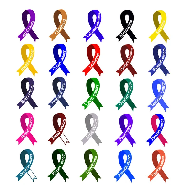 Cancer Ribbon. Set of ribbons of different colors against cancer. International Day of cancer. World Cancer Day — Stock Vector