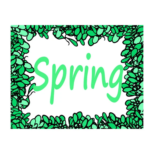 Nápis na jaře. Rám ze zelených listů. Vektorové ilustrace v izolovaných pozadí — Stockový vektor