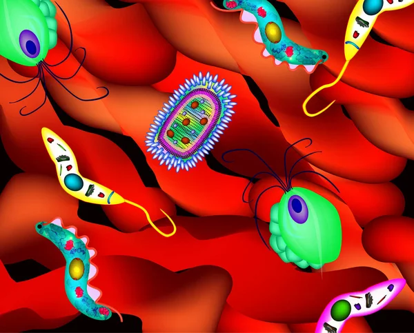 El fondo de la mucosa intestinal son virus parasitarios y bacterias. Infografías. Ilustración vectorial sobre fondo aislado . — Vector de stock