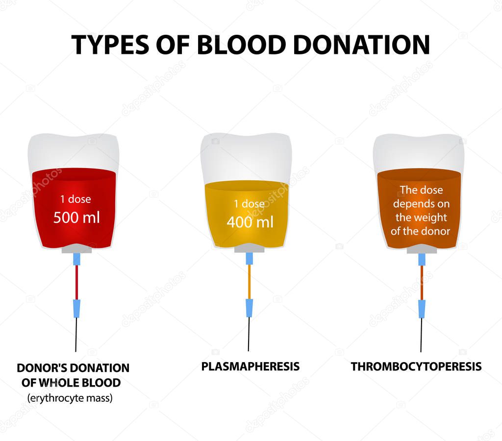 Types of donors blood. Plasmapheresis. Thrombocytopheresis. World Blood Donor Day. Infographics. Vector illustration on isolated background.