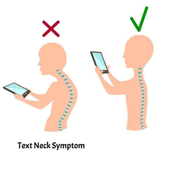 Improper posture symptoms. Text Neck Syndrome. Spinal curvature, kyphosis, lordosis, scoliosis, arthrosis. Improper posture and stoop. Infographics. Vector illustration. — Stock Vector