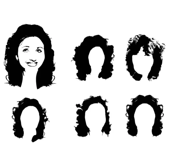 Svart siluett av en tjej med lockigt hår. En uppsättning mallar frisyrer. Lång frisyr siluett. Porträtt av en flicka i fullt ansikte. Vektor illustration på isolerad bakgrund. — Stock vektor