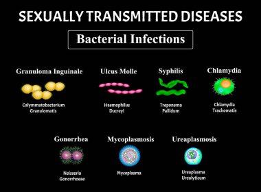 Frengi, spirochaete, Treponema, Gonococcus, Gonorrhea, Chlamydia, Mycoplasma, Ureaplasma Bakteriyel enfeksiyon seti. Cinsel yolla bulaşan hastalıklar. Bilgi grafikleri. Vektör illüstrasyonu