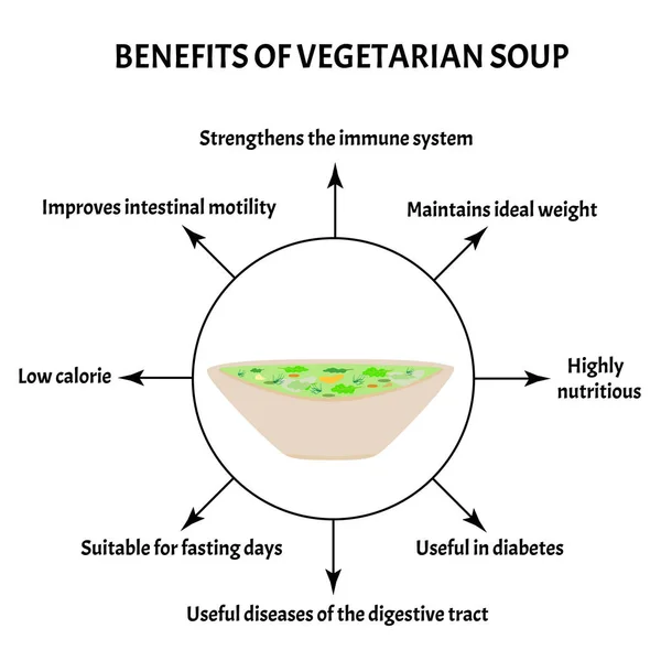 Παγκόσμια Ημέρα Σούπας 5 Απριλίου. Χρήσιμες ιδιότητες της χορτοφαγικής σούπας. Infographics. Εικονογράφηση διανύσματος σε απομονωμένο φόντο. — Διανυσματικό Αρχείο