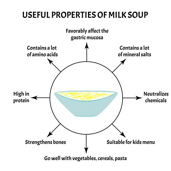 Día Internacional de la Sopa 5 de abril. Propiedades útiles de la sopa de leche. Infografías. Ilustración vectorial sobre fondo aislado . — Vector de stock