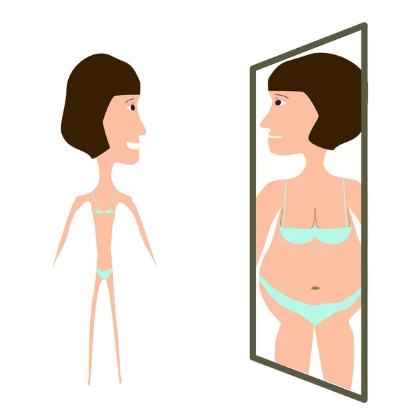 식욕 부진증. 식욕 부진증에 걸려 있는 날씬 한 체격. 거울에 비만증 이 반영되어 있습니다. 인포 그래픽. 외진 곳에 있는 벡터 그림. — 스톡 벡터