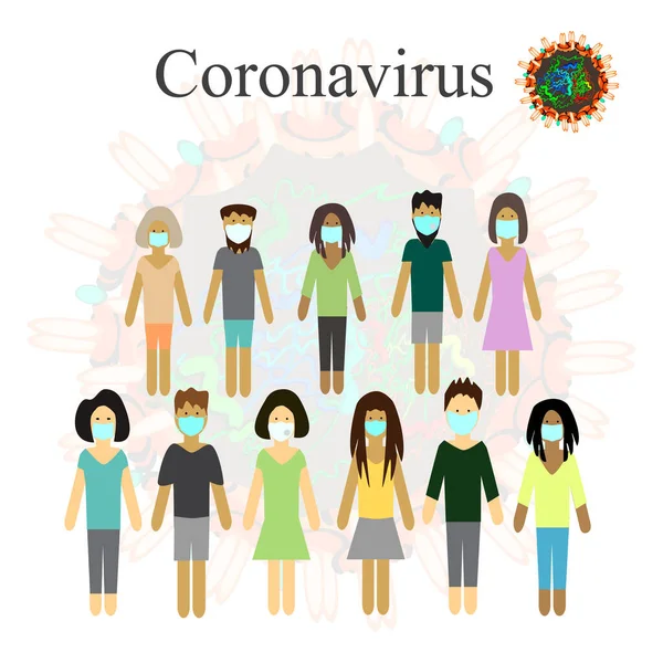 Coronavirus. Infección por Coronavirus COVID 19. Gente enmascarada protectora. Icono de tos. Estructura del virus. Infografías. Ilustración vectorial sobre fondo aislado . — Vector de stock