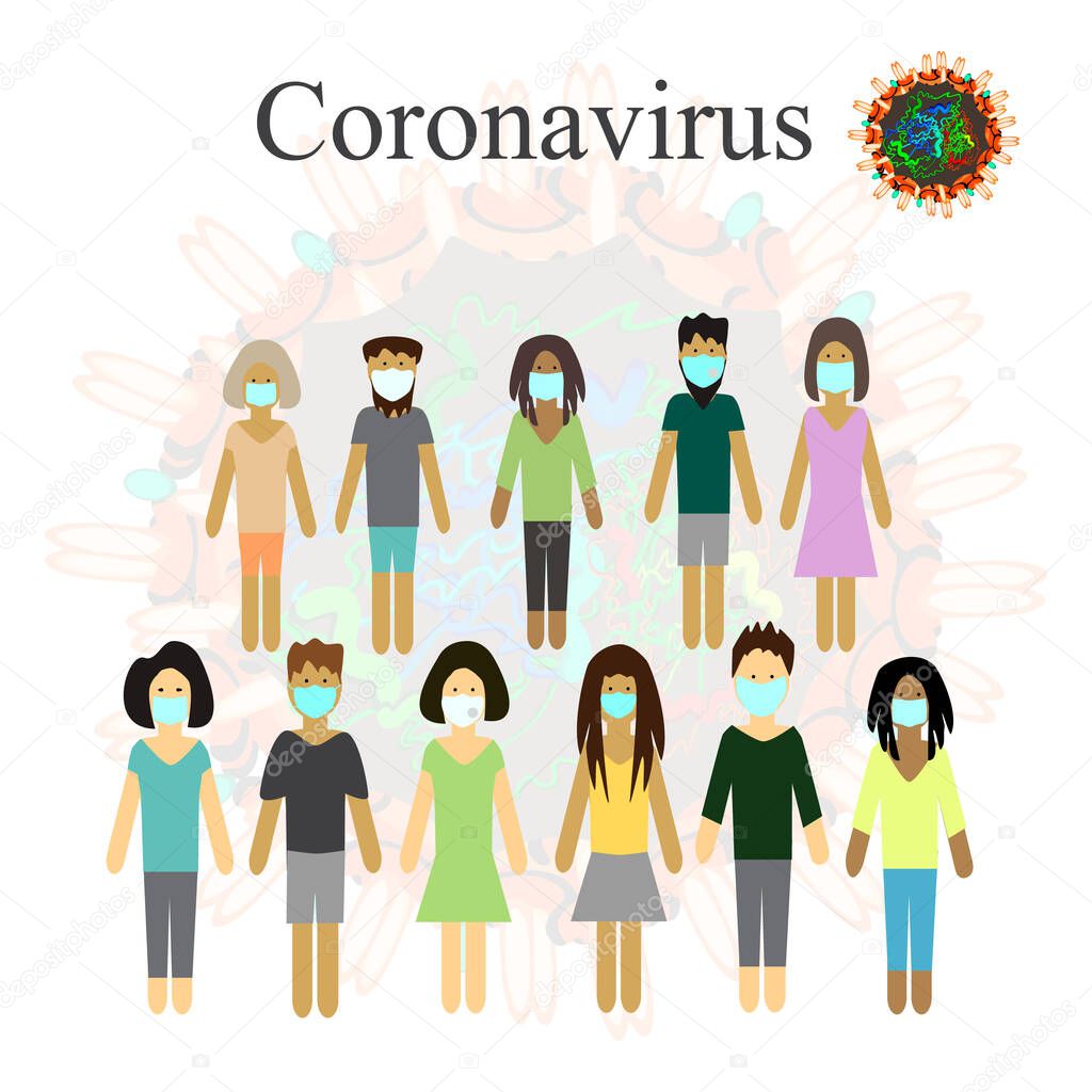 Coronavirus. Coronavirus infection COVID 19. Protective masked people. Cough icon. Virus structure. Infographics. Vector illustration on isolated background.